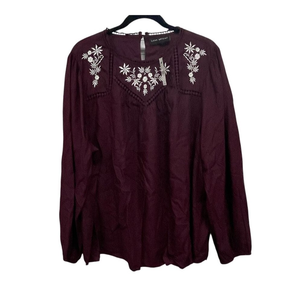 Lane Bryant Embroidered Blouse‎ Size 18 Garnet Keyhole Back Boho Style